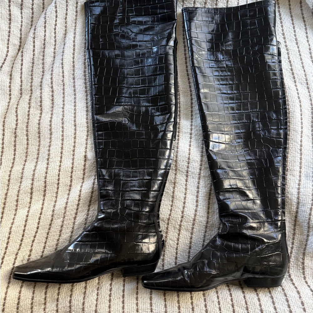 Toteme Black Croc-Embossed Over the Knee Boots
